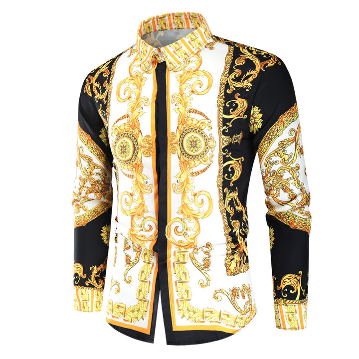 Herren nan barockes Langarm-Hemd mit ornamentalem Druck, Kentkragen und tailliertem Schnitt Echo Archiv
