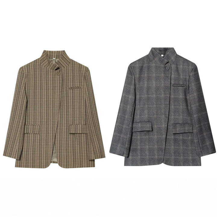 Damen Kastenförmiger Glencheck-Blazer mit Stehkragen und Pattentaschen Echo Archiv