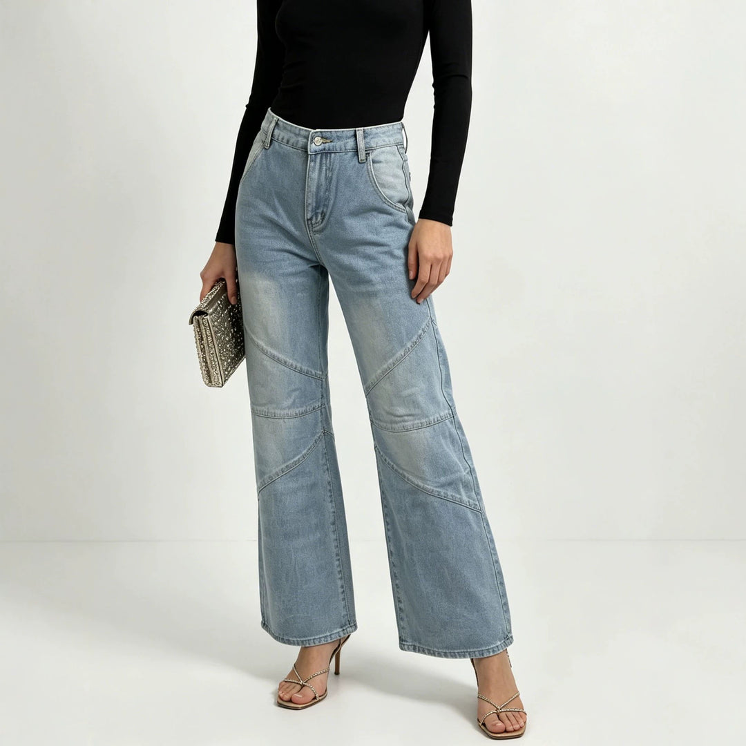 Damen nan weite Jeanshose mit hohen Bund, geschwungenen Ziernähten und weitem Bein Echo Archiv