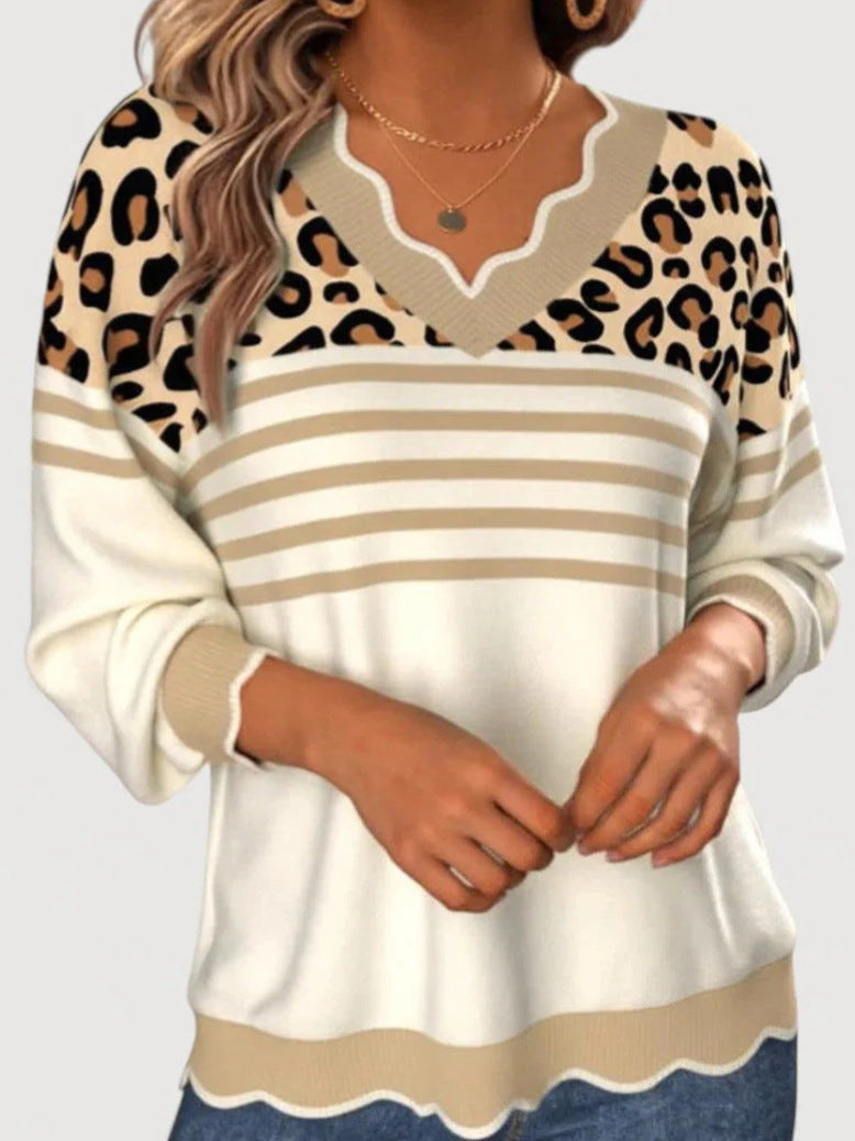 Damen Modischer V-Pullover mit Leo-Print – Mavelle