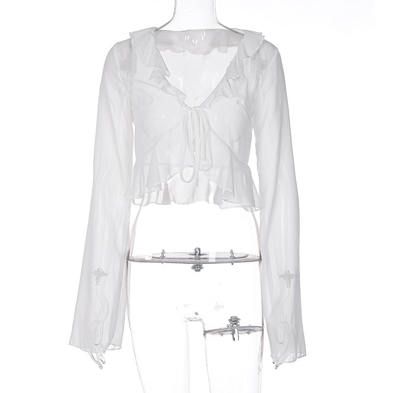 Damen Transparente Langarmbluse mit Rüschen und Bindegürtel Echo Archiv