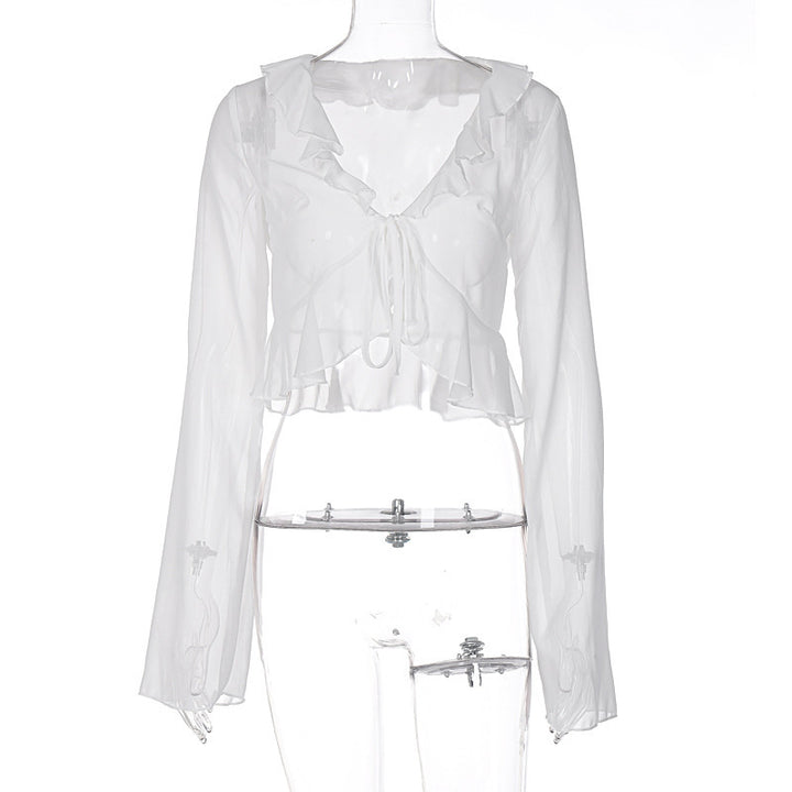 Damen Transparente Langarmbluse mit Rüschen und Bindegürtel Echo Archiv