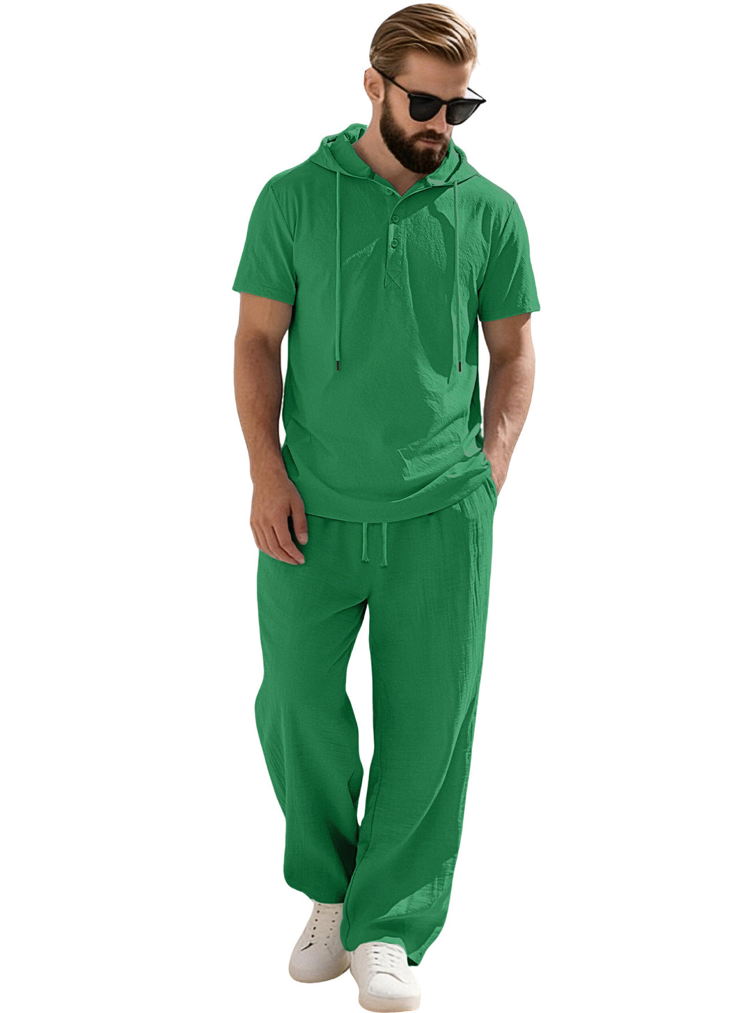 Herren nan lässiges Kurzarm-Kapuzenshirt im gekreppten Baumwollmix mit Henley-Knopfleiste Echo Archiv