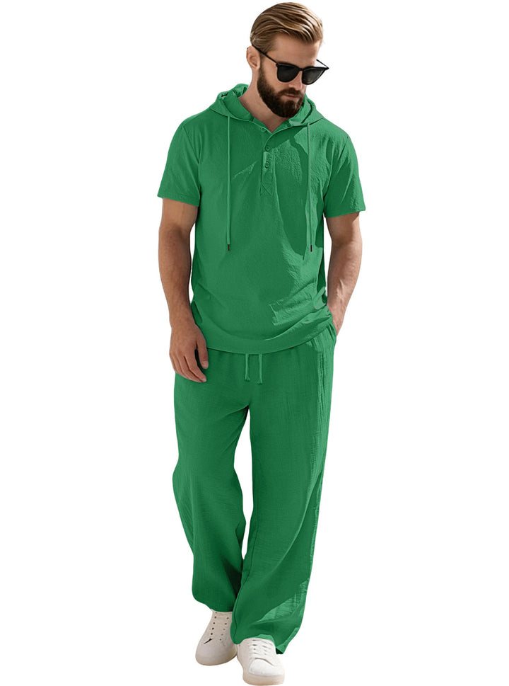 Herren nan lässiges Kurzarm-Kapuzenshirt im gekreppten Baumwollmix mit Henley-Knopfleiste Echo Archiv