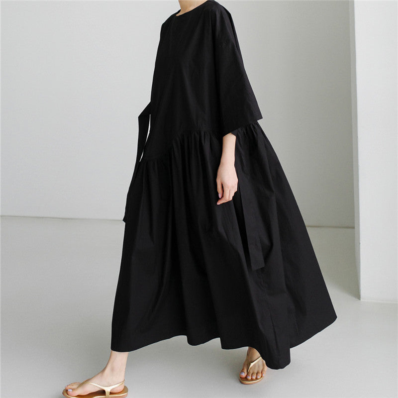 Damen Langes Baumwoll-Maxikleid mit Wickelgürtel und Eingrifftaschen Echoarchiv