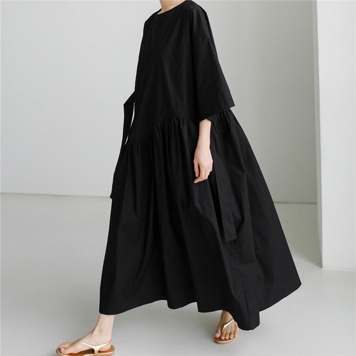 Damen Langes Baumwoll-Maxikleid mit Wickelgürtel und Eingrifftaschen Echoarchiv
