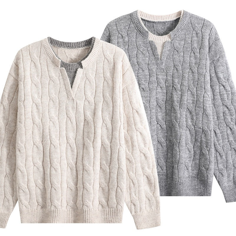 Damen Oversize Zopfmuster-Pullover mit V‑Schlitzkragen Echoarchiv