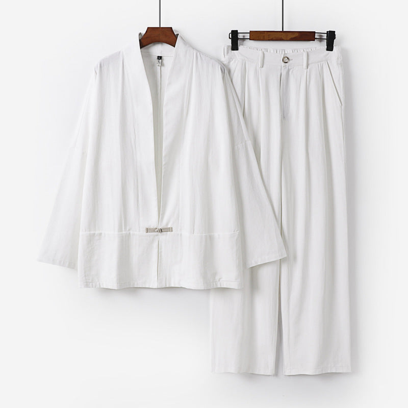 Damen Kimono-Lounge-Set aus leichtem Viskose-Leinen mit dekorativem Knebelverschluss und weiter Bundhose Echoarchiv
