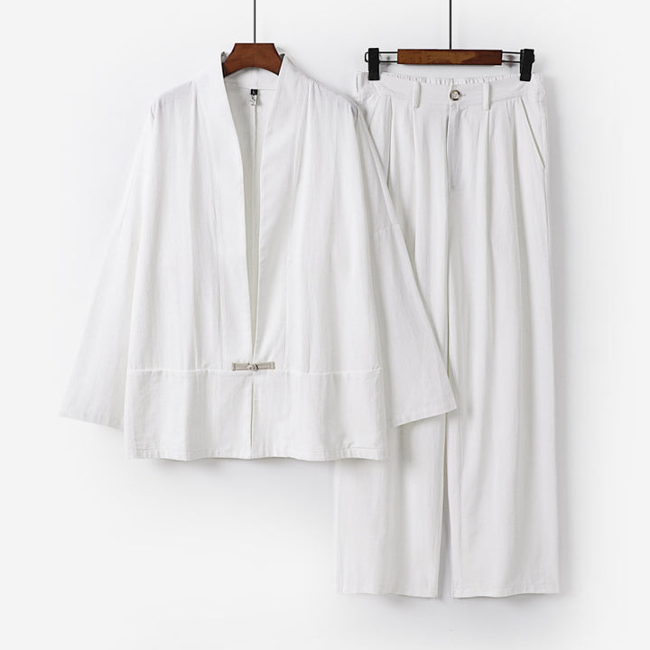 Damen Kimono-Lounge-Set aus leichtem Viskose-Leinen mit dekorativem Knebelverschluss und weiter Bundhose Echoarchiv
