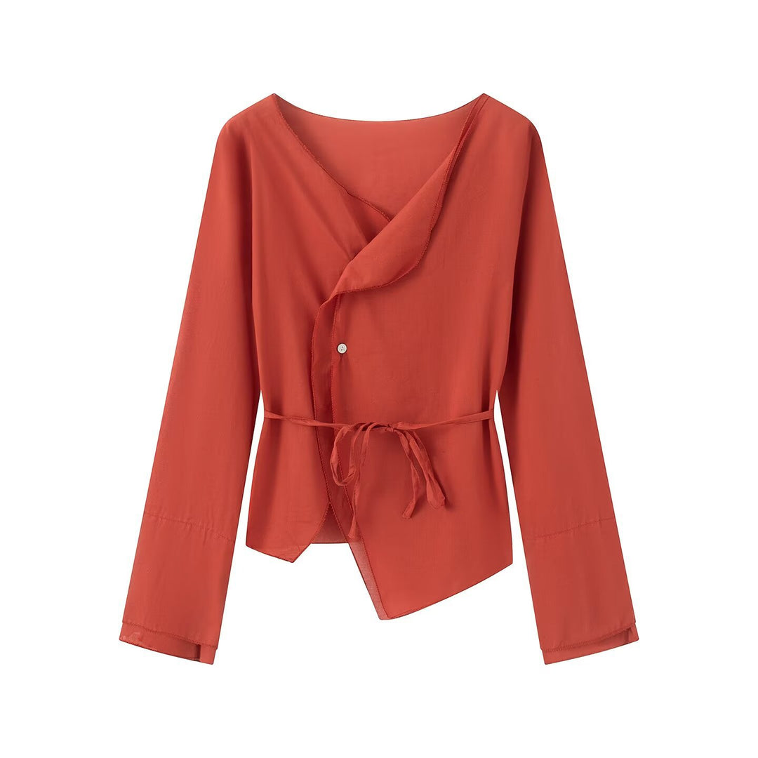 Damen Wickelbluse mit asymmetrischer Vorderseite, V‑Ausschnitt und Bindegürtel Echo Archiv
