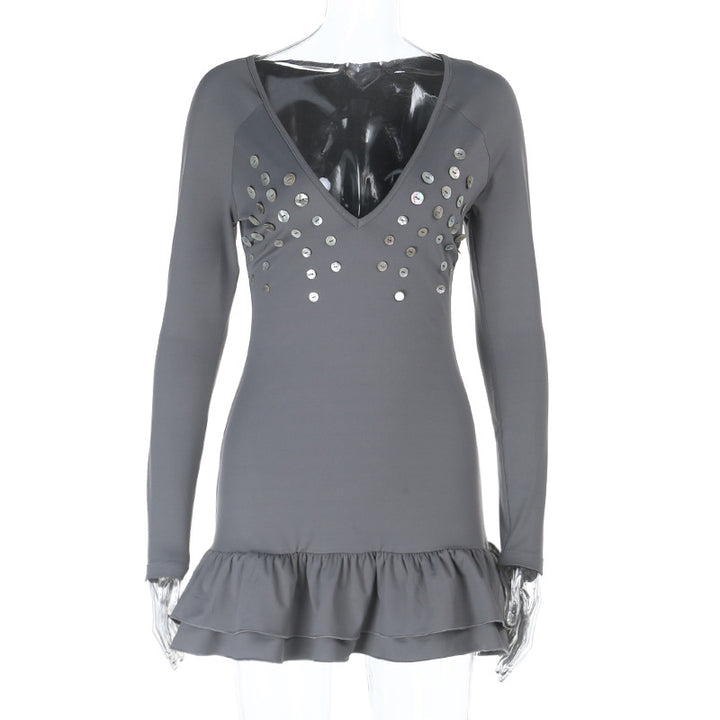 Damen figurbetontes Langarm-Minikleid mit tiefem V-Ausschnitt, Paillettenapplikation und Volant-Saum – Avérine