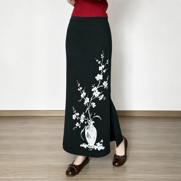 Damen nan ausgestellter Maxi-Rock mit A-Linien-Schnitt, elastischem Bund und floraler Aquarell-Vasen-Print Echo Archiv