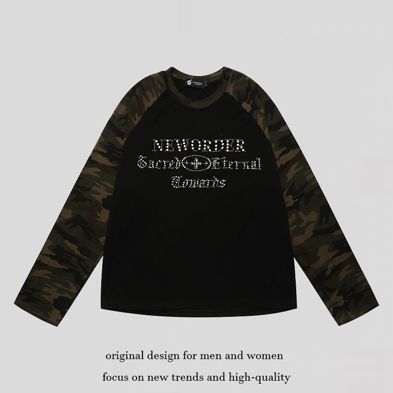 Damen Langarmshirt mit Camouflage‑Raglanärmeln und Strass‑Logoprint Echoarchiv