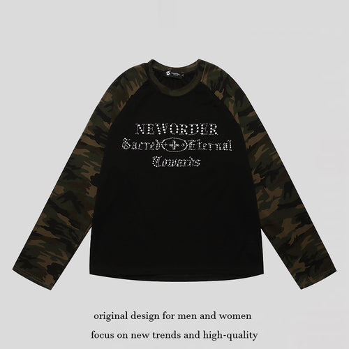 Damen Langarmshirt mit Camouflage‑Raglanärmeln und Strass‑Logoprint Echoarchiv