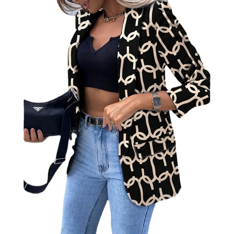 Damen Gemusterter Longblazer mit Kettenmuster, taillierter Silhouette und Pattentaschen Echoarchiv