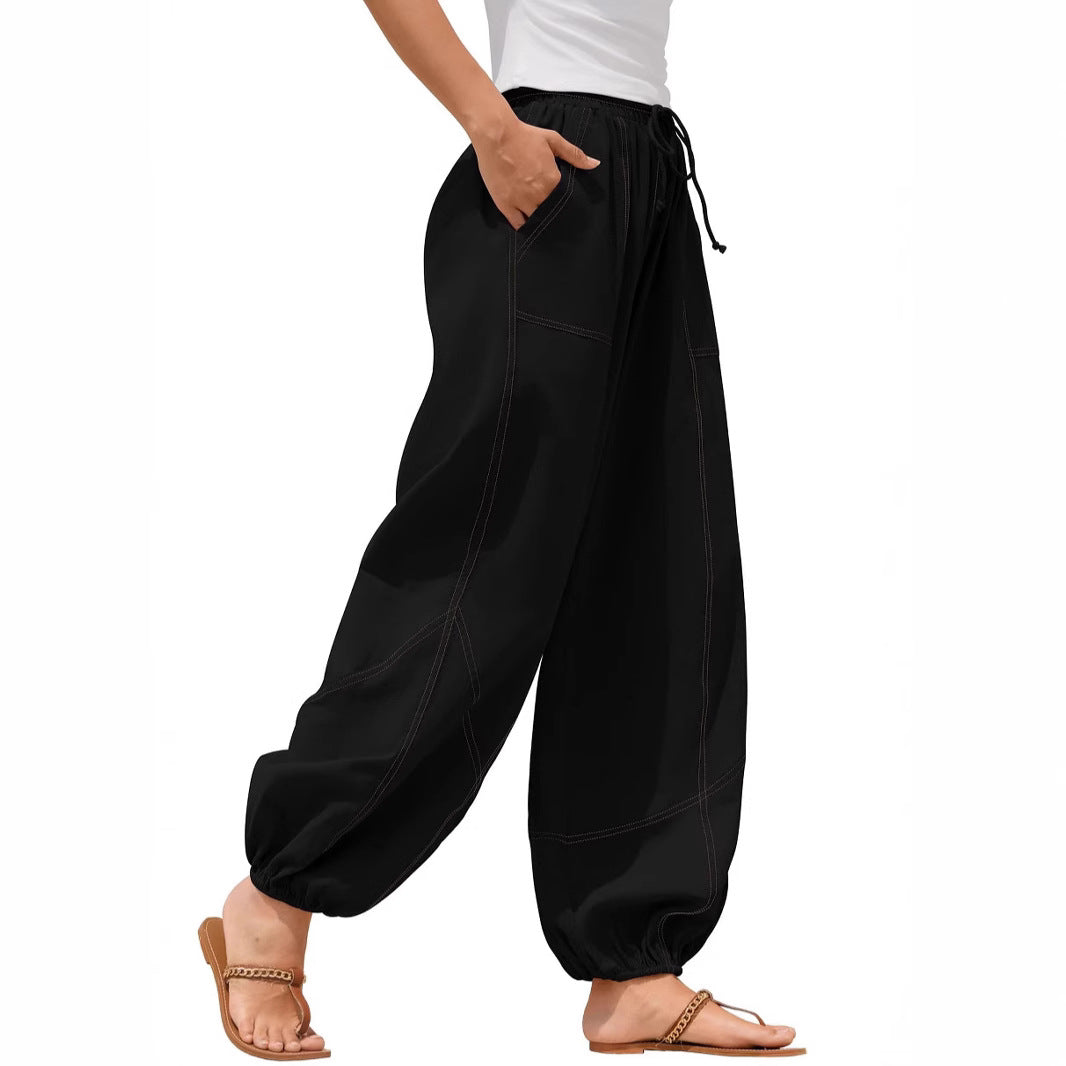 Damen Weite Haremhose mit Kordelzug, aufgesetzten Taschen und elastischem Knöchelabschluss – Avérine