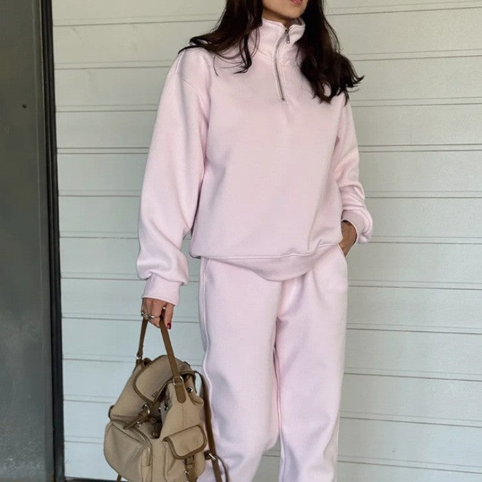 Damen Sweatset mit Halbreißverschluss, oversized Pullover und hochtaillierter weit geschnittener Jogginghose – Avérine