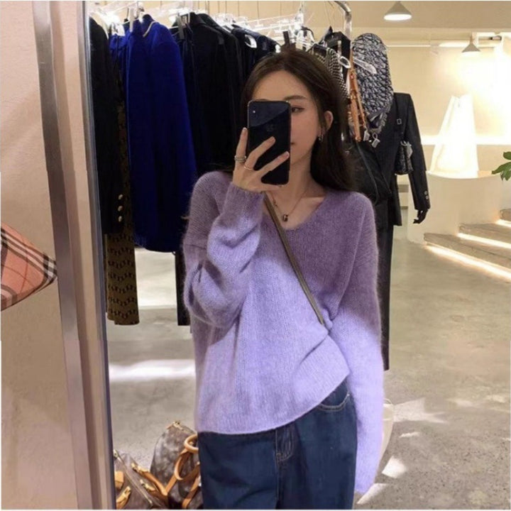 Damen Oversize V‑Ausschnitt Mohair‑Look Pullover mit Angora‑Optik und überschnittener Schulter Echoarchiv