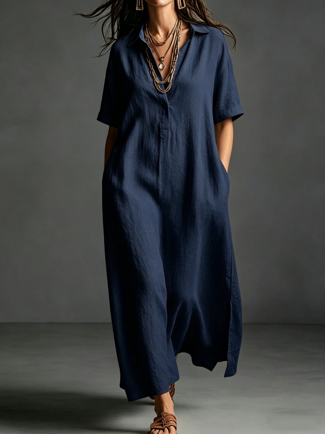 Damen Leinen Maxikleid mit V-Ausschnitt und praktischen Taschen Echo Archiv