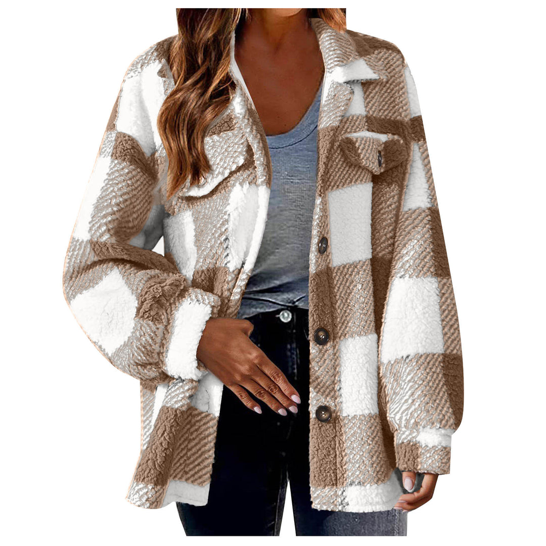 Damen nan kuschelige Sherpa-Karo-Übergangsjacke mit Brusttaschen und großzügigem Oversize-Schnitt Echo Archiv
