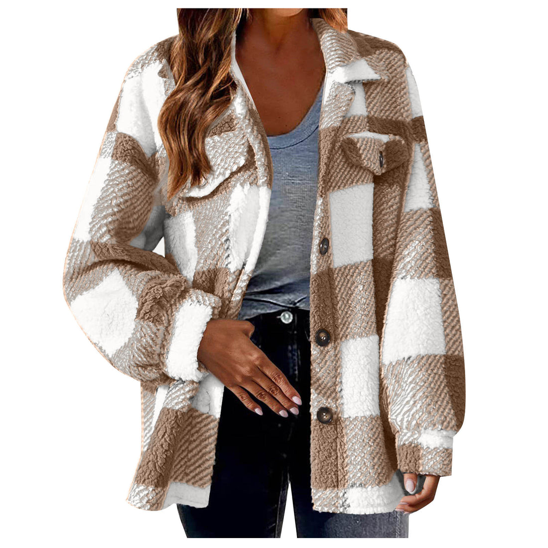 Damen kuschelige Sherpa-Karo-Übergangsjacke mit Brusttaschen und großzügigem Oversize-Schnitt – Célinea