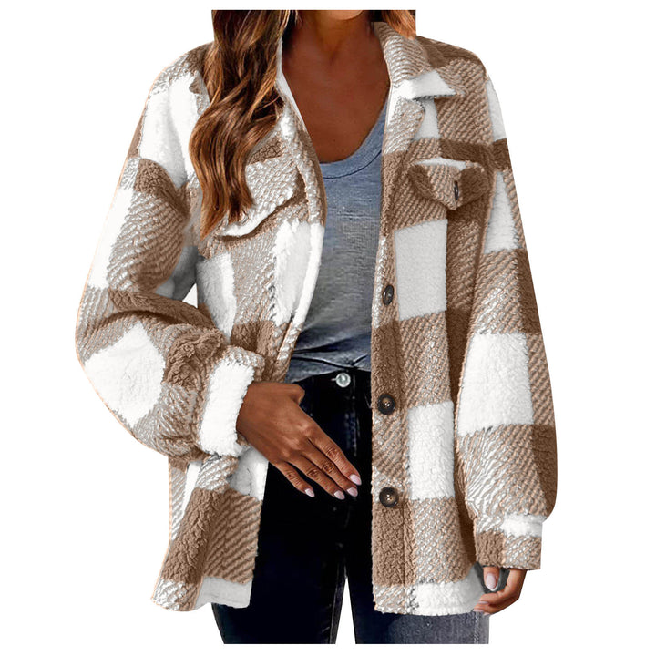 Damen nan kuschelige Sherpa-Karo-Übergangsjacke mit Brusttaschen und großzügigem Oversize-Schnitt Echo Archiv