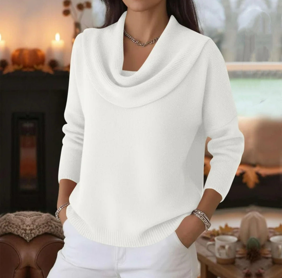 Damen Lässiger Schalkragen-Feinstrickpullover mit überschnittener Schulter und geripptem Saum – Mavelle