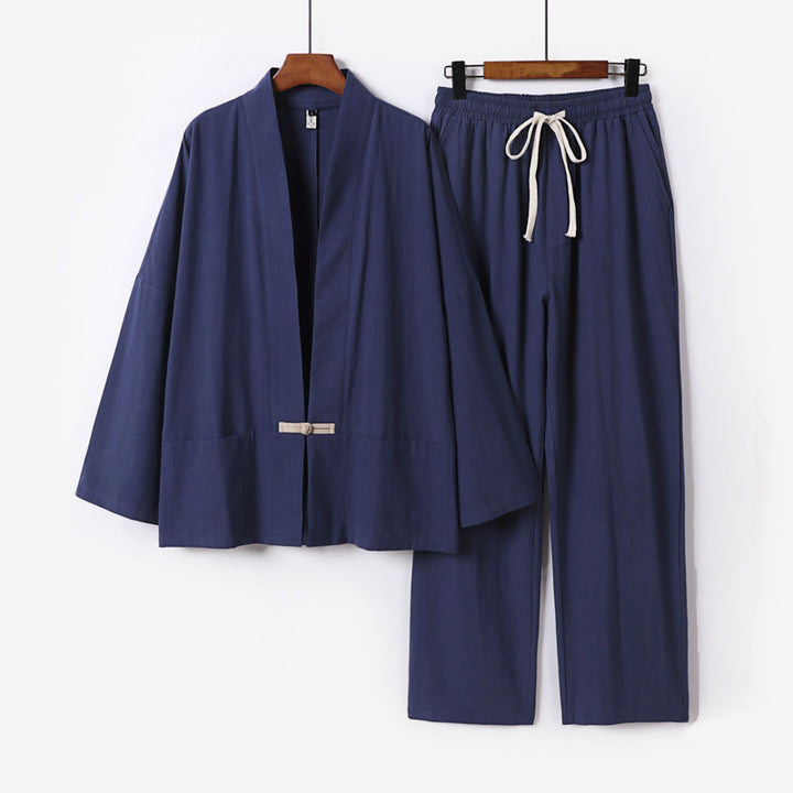 Herren Zen-inspiriertes Kimono-Loungewear-Set aus leichter Baumwollmischung mit offenem Schnitt und Kordelbundhose Echoarchiv