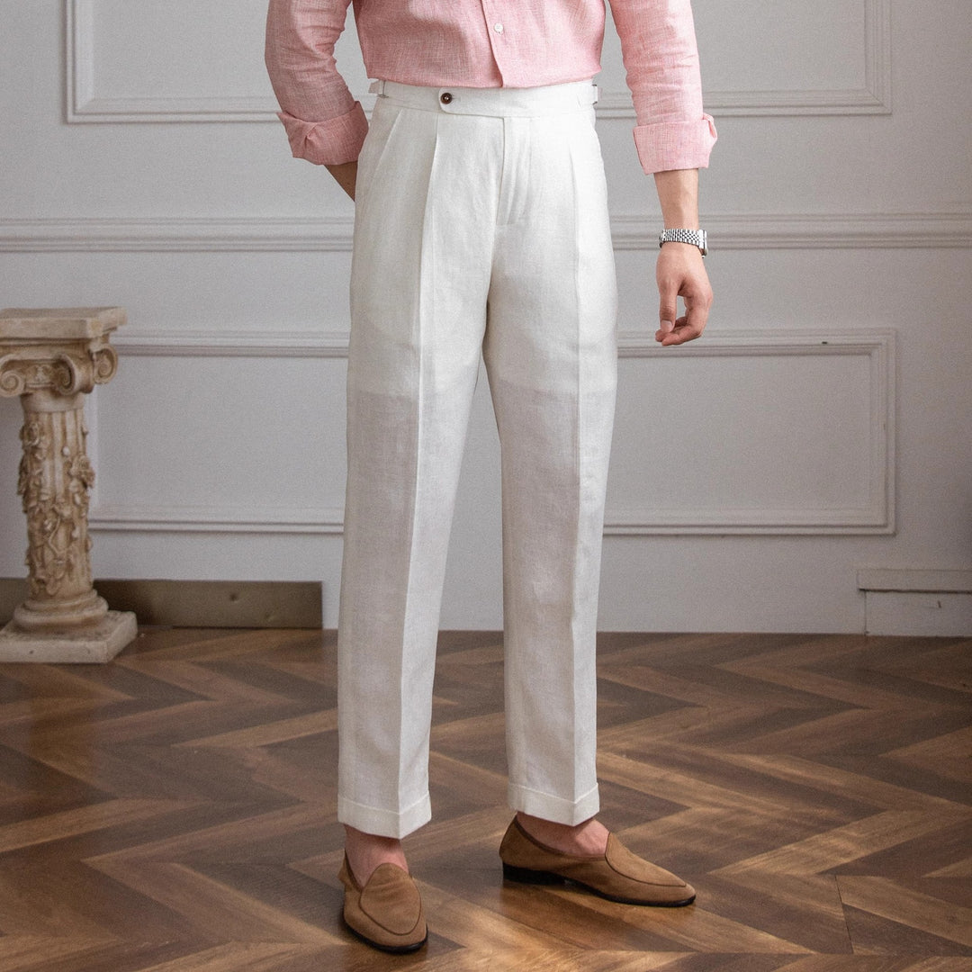 Herren Leinenhose mit hoher Taille, Bundfalten und verstellbarem Seitenriegel Echoarchiv
