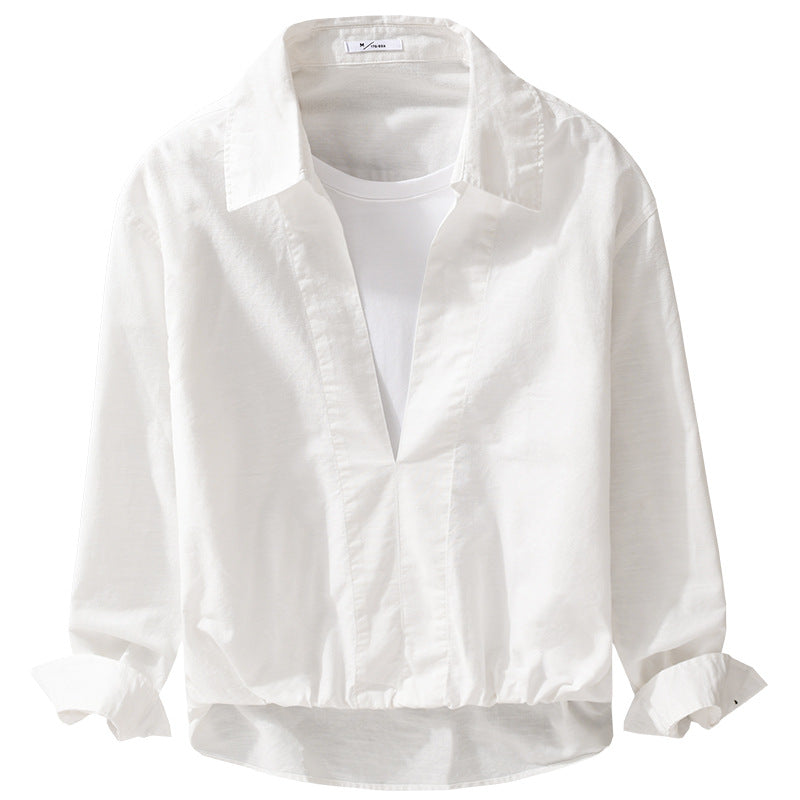 Herren Leichtes Leinen-Overshirt mit V-Ausschnitt, Hemdkragen und elastischem Saum Echoarchiv