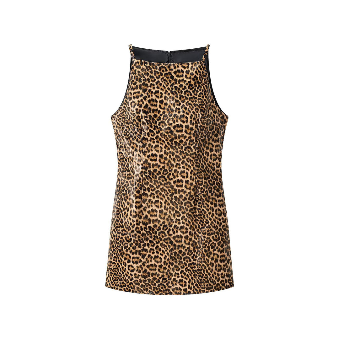 Damen Leopard-Minikleid mit schmalen Trägern und hochgeschlossenem Ausschnitt Echoarchiv