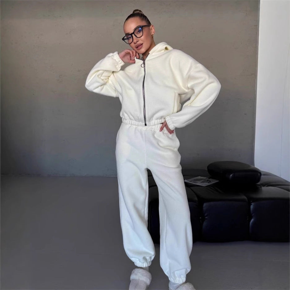 Damen kuscheliges Fleece-Hoodie und Jogginghose Lounge-Set mit Reißverschluss Kapuze elastischem Bund – Auréline