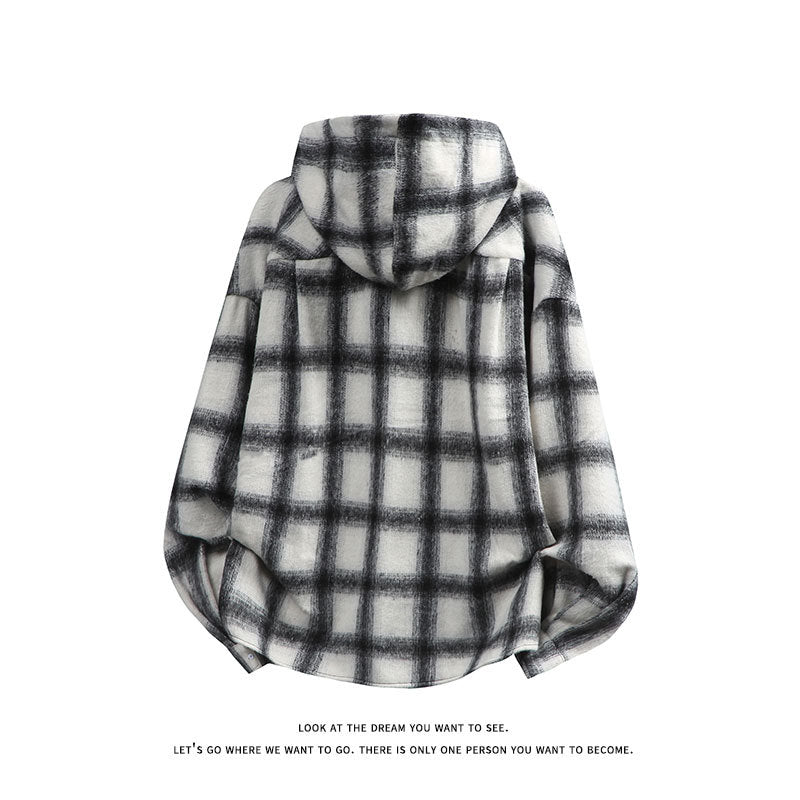 Unisex nan oversized Kapuzen-Hemdjacke aus Flanell mit Karomuster und Brusttasche Echo Archiv
