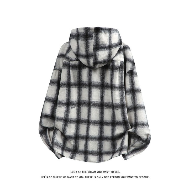 Unisex nan oversized Kapuzen-Hemdjacke aus Flanell mit Karomuster und Brusttasche Echo Archiv