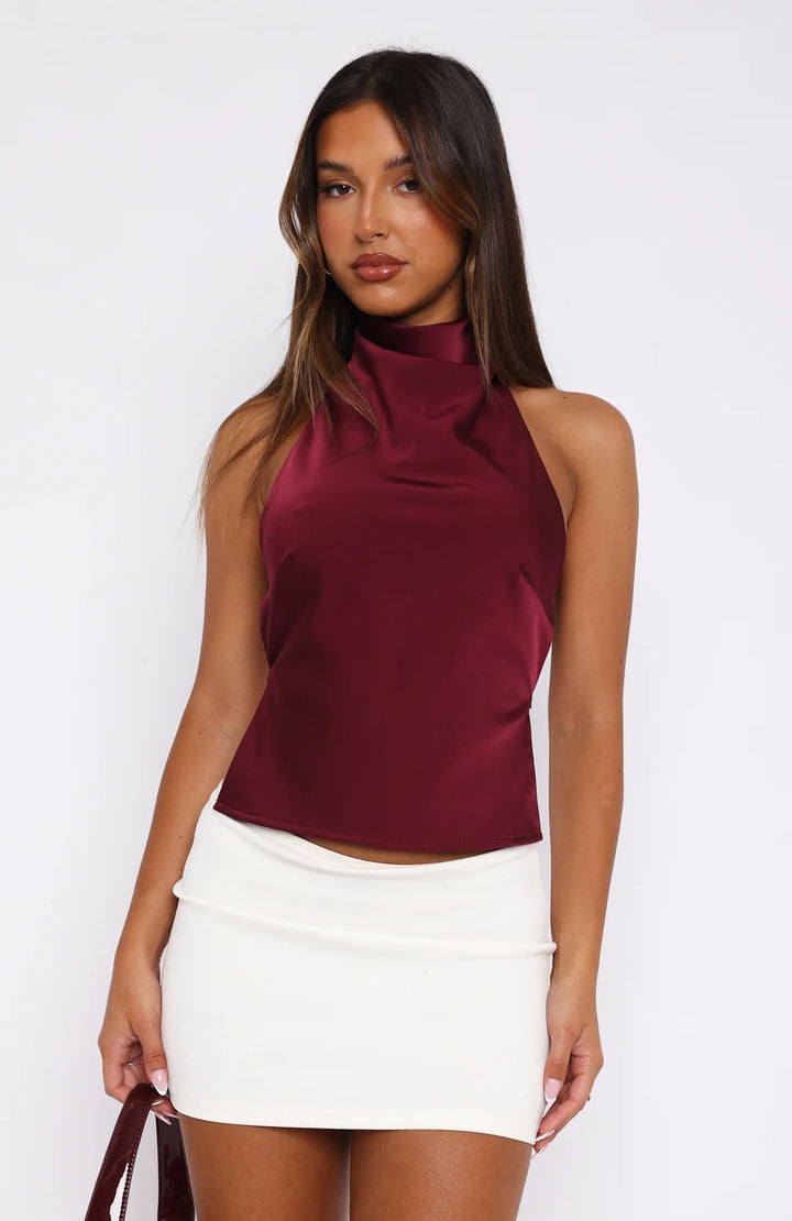Damen Elegantes Hochgeschlossenes Top aus Satin Echo Archiv