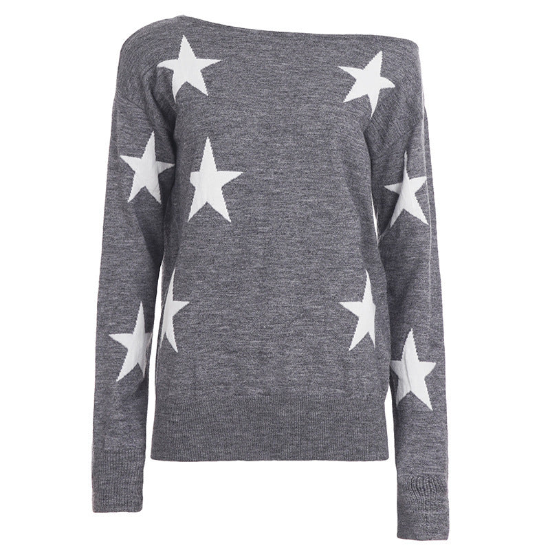 Damen Off-Shoulder Oversized Strickpullover mit Sternenmuster und geripptem Saum Echo Archiv