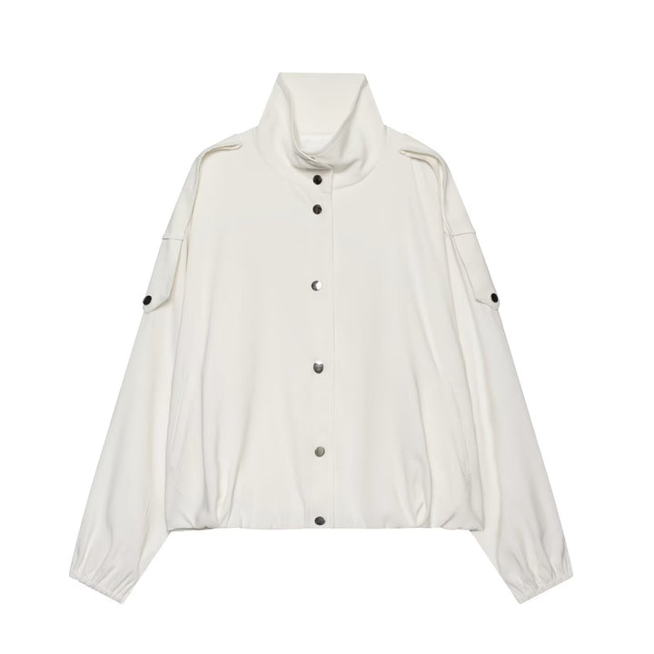 Damen Cropped-Boxy-Canvasjacke mit Funnelkragen, Druckknopfverschluss und Schulterpatten Echoarchiv
