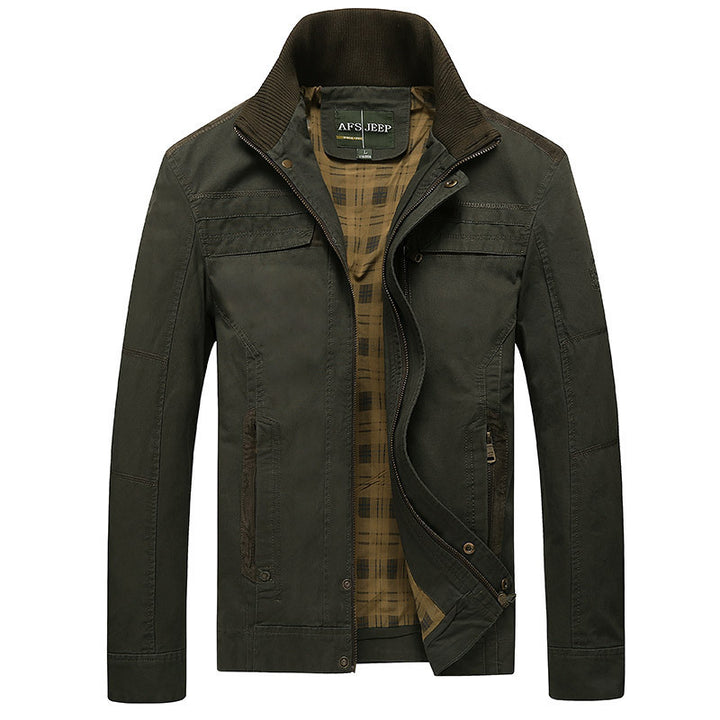 Herren Canvas-Übergangsjacke mit Rippenkragen, verdecktem Reißverschluss und kariertem Innenfutter – Taviero