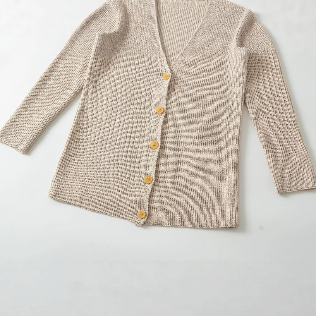 Damen Longline Strickcardigan mit V‑Ausschnitt und Holzknöpfen Echo Archiv