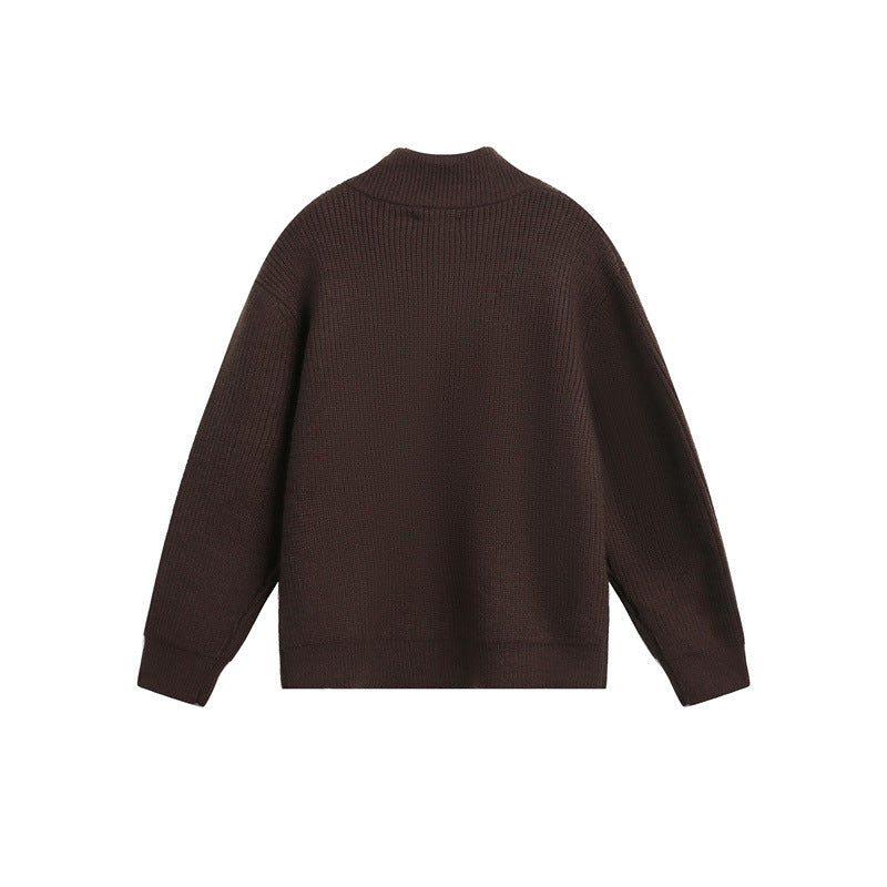 Unisex Grobstrick-Pullover mit halbem Reißverschluss und Stehkragen Echoarchiv