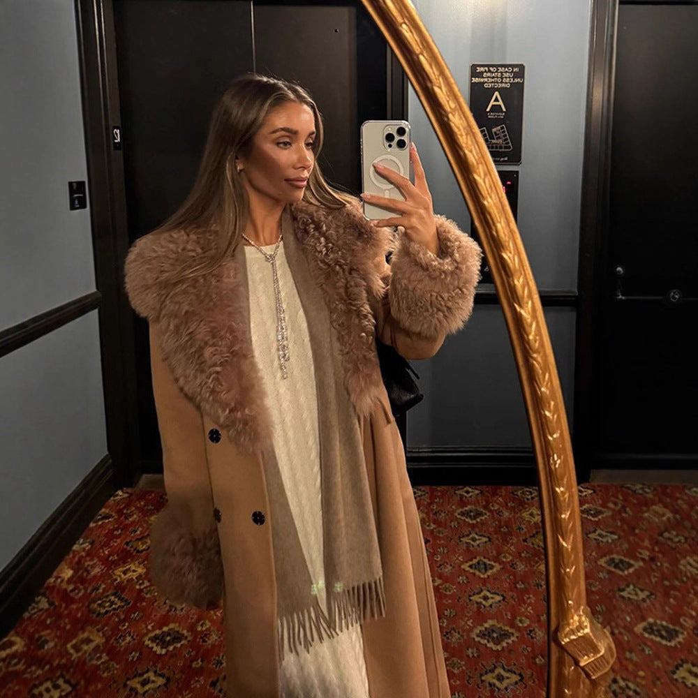 Damen Maxilanger Wollmixmantel mit abnehmbarem lockigem Faux‑Fur‑Schalkragen und Fellmanschetten Echoarchiv