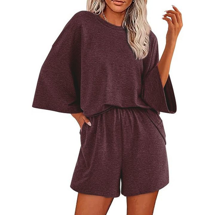 Damen Oversized Fledermaus Kurzarm Lounge Oberteil und Shorts Set mit Elastischem Bund – Élanora