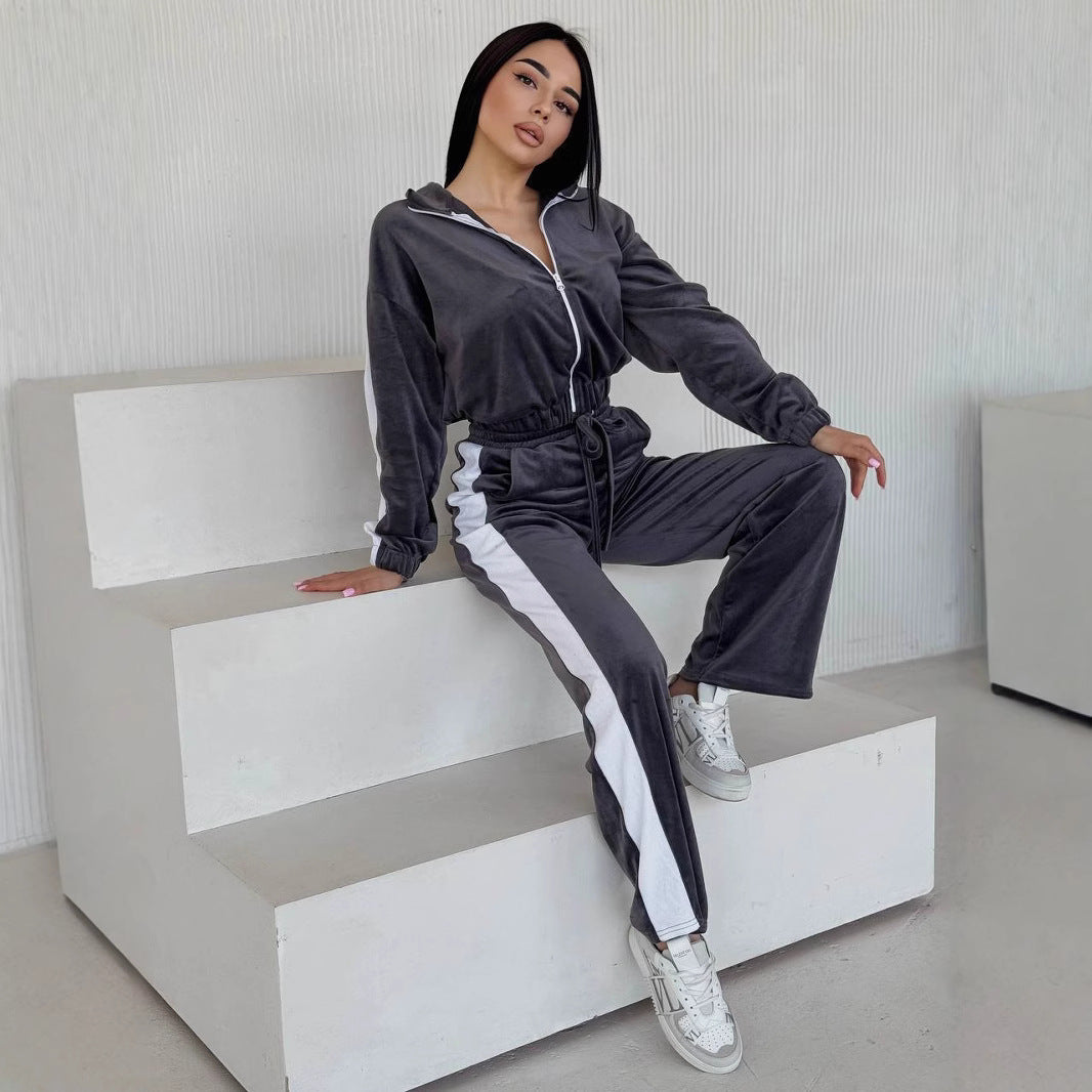 Damen weiches Samt Trainingsanzug Set mit Reißverschlussjacke und elastischer Tunnelzughose – Avérine