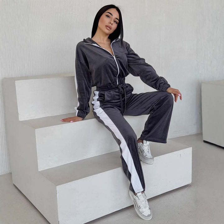 Damen weiches Samt Trainingsanzug Set mit Reißverschlussjacke und elastischer Tunnelzughose – Avérine