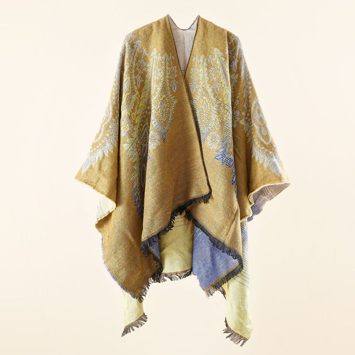 Damen Reversibler Jacquard-Wickelponcho im Oversize-Kaftan mit Fransensaum Echo Archiv