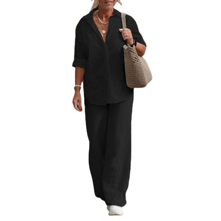 Damen Leichtes Leinen-Optik Zweiteiler mit Oversize-Hemd und weiter Palazzohose Echo Archiv