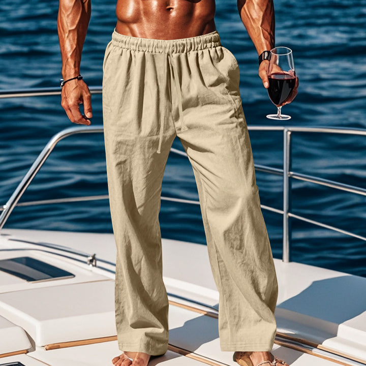 Herren nan weite Leinen-Loungehose mit elastischem Tunnelzugbund, Kordelzug und geradem Bein Echo Archiv