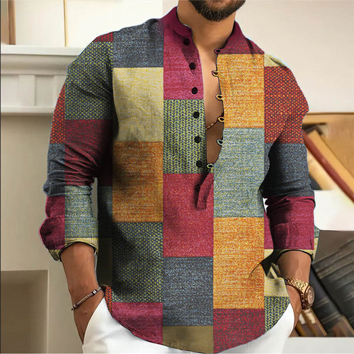 Herren Langarmhemd mit kreativem Patchwork-Design Echoarchiv