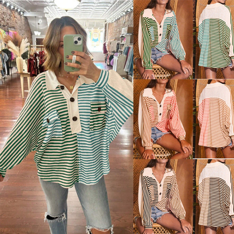 Damen Oversize-Hemdbluse mit kontrastrevers, Streifenmuster und Volumenärmeln Echo Archiv