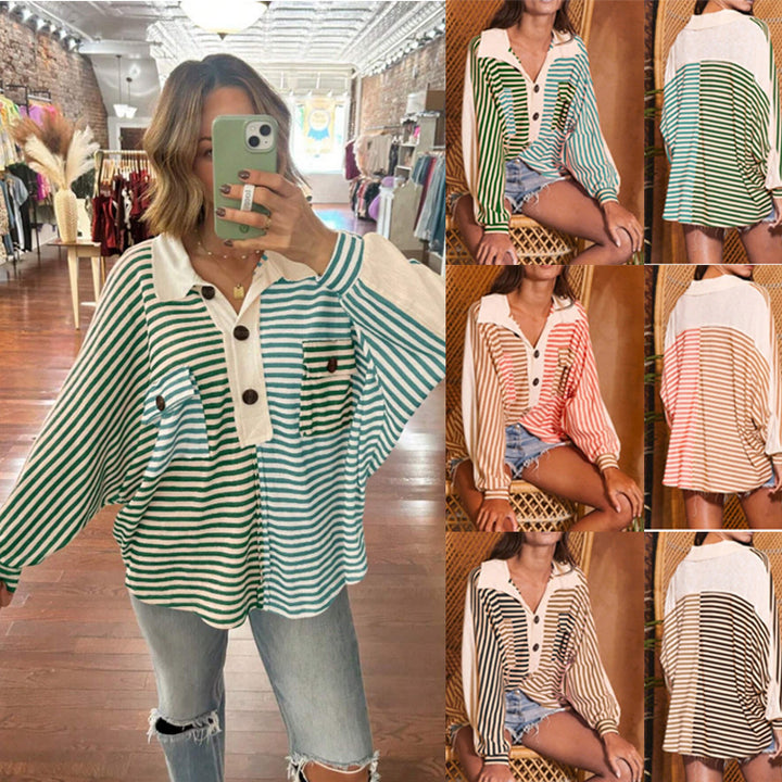 Damen Oversize-Hemdbluse mit kontrastrevers, Streifenmuster und Volumenärmeln Echo Archiv